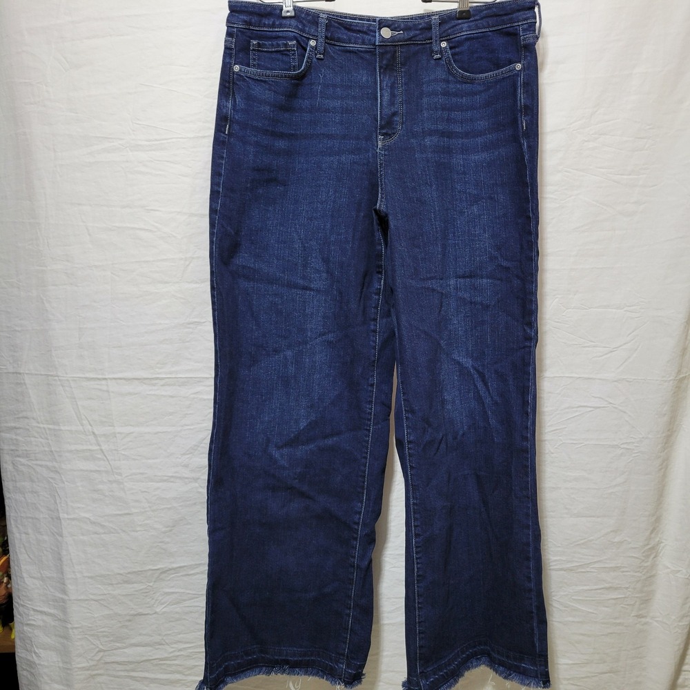 NYDJ Teresa Wide Leg Jeans Midnight Breeze Wash Sz 12 Boho LiftTuck Raw Hem
